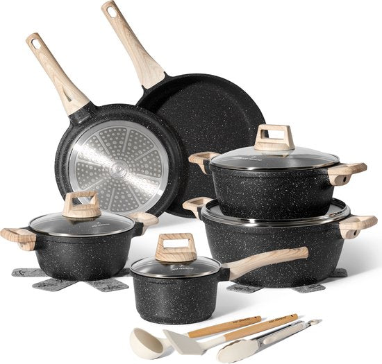 Just Perfecto 15-teiliges Induktionskochgeschirrset - Schwarzes Kochgeschirrset mit Deckel für Gas und Induktion - PFAS frei - Kalte Griffe
