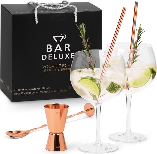BarDeluxe® Gin Tonic Gläser - 500ml - Gin Tonic Geschenkset - mundgeblasen - Gin Gläser - 2 Stück - Gin Set - Kristall - Geschenk für die Frau - Geschenk für den Mann - enthält 2 Gin Gläser, Gin Tonic Löffel, Messbecher, 2 Strohhalme aus Edelstahl & Rezep