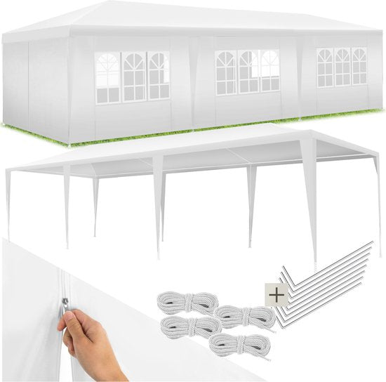 tectake® Pavillon Miramas - Partyzelt 9x3 m - Weiß - 8 abnehmbare Seitenteile - UV- und wasserbeständiger Gartenpavillon - Inklusive Spannleinen und Heringe - Vordach