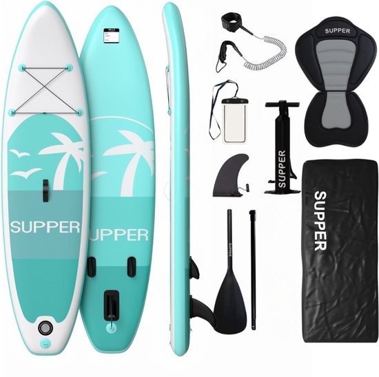 Supper - Sup Board XL - Max. 220KG - Wasserdichte Handytasche - Pumpe - Tragetasche - 335 x 81 cm - Türkis