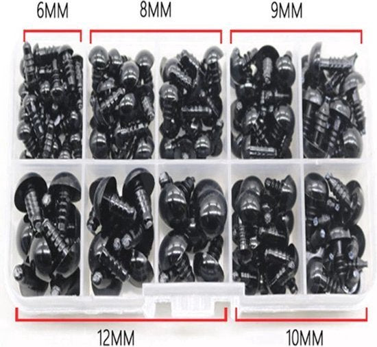 Knaak Safety Eyes - Tieraugen - 6 - 12 mm - inkl. Aufbewahrungsbox - 100 Stück - Schwarz