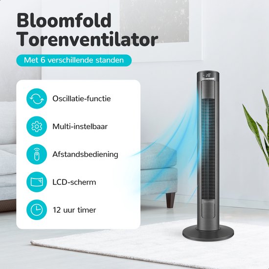 Bloomfold Turmventilator - 38 Zoll - Fernbedienung - Schlafmodus - 12-Stunden-Timer - Voll-LED-Display - Schwarz