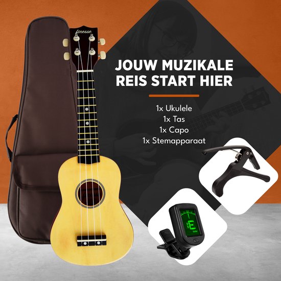 Finesse Ukulele - Starter Set - 21" - Ukulele - Spielzeuggitarre - Kind - Musikinstrument - Holzfarben