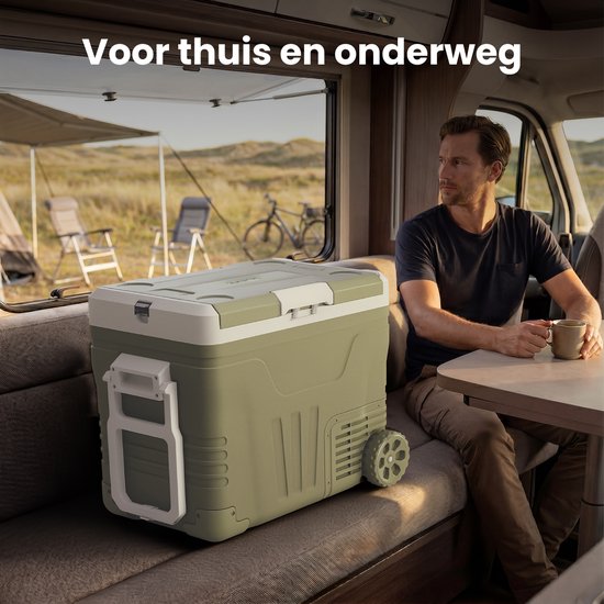Auronic Electric Cool Box - Kompressor - 2 Zonen - 45L - 12/24V und 240V - Kühlen und Gefrieren - Campingkühlschrank - Frigobox Auto - Mit Rädern und Griff - Grün
