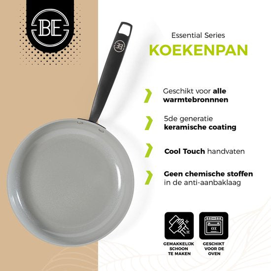 BE Living Bratpfanne - Ø 28 cm - Bratpfanne - Keramik - PFAS frei Antihaft - Induktionspfanne - Grau - Essential Series