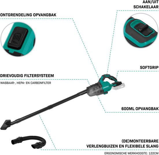 VONROC Leistungsstarker kabelloser Staubsauger - VPower 20V - Exkl. Akku & Ladegerät - 0,6L Auffangbehälter - Inkl. 3 Düsen, 2 Verlängerungsrohre und flexiblem Schlauch