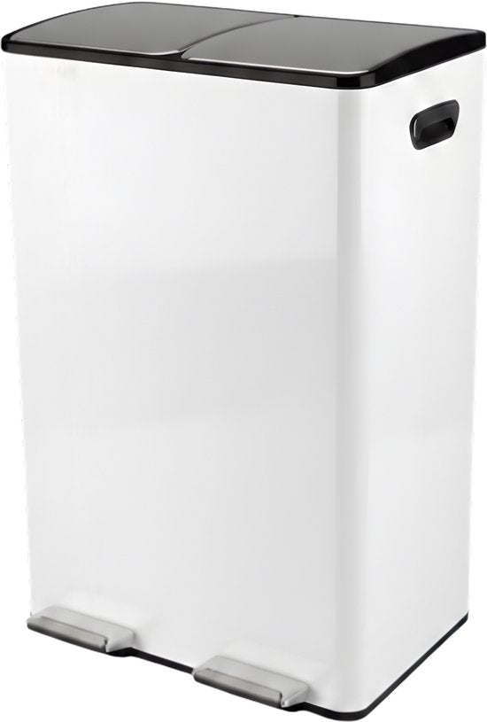 Bayt Mülleimer - Mülleimer 60 Liter (2x30) - Mülleimer 60 Liter - Treteimer 60 Liter - Mülleimer Mülltrennung - Mülleimer 2 Fächer - Mülleimer - Edelstahl - Weiß
