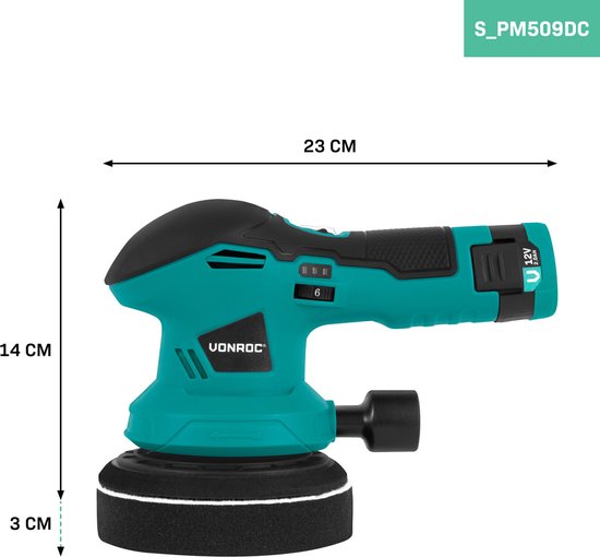 VONROC Polierer 12V - Ø 125mm - Dual Action - 2-in-1: Polieren und Schleifen - Inkl. Akku, usb-c Kabel, 4 Polierscheiben und Schleifpapier