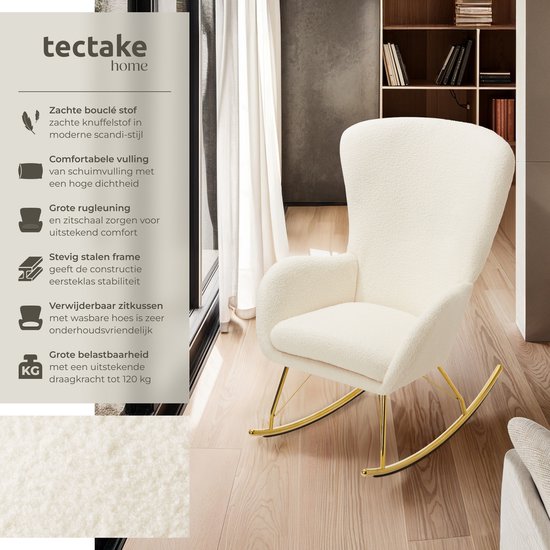 tectake® Swing Schaukelstuhl - gepolsterter Bouclé-Sessel mit Stahlgleitern und extra dickem Sitzkissen - skandinavisches Design, pflegeleicht und ergonomisch - creme/gold