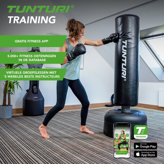 Tunturi Standing Boxing Bag - Freistehende Boxstange - Leicht beweglich - 180 cm hoch - Mit Sand, Kies oder Wasser befüllbarer Boden - Inkl. Fitness-App - Schwarz
