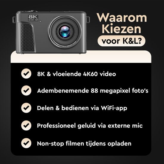 K&L - 8K 88MP - 18X Zoom - 128GB SD - WiFi - 3.0" UHD Display - Mikrofonanschluss - Fotokamera - Kompaktkamera - Vlog Kamera