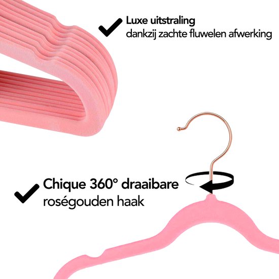 Brixy Kinderkleiderbügel Set - 50 Stück - 30 cm - Samt - 360° Haken - Rosa Roségold