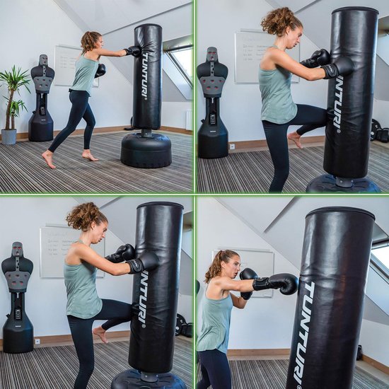 Tunturi Standing Boxing Bag - Freistehende Boxstange - Leicht beweglich - 180 cm hoch - Mit Sand, Kies oder Wasser befüllbarer Boden - Inkl. Fitness-App - Schwarz