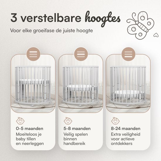Flowsense Baby Box - Runder Laufstall - Mit Matratze - Höhenverstellbar - Räder - Weiß