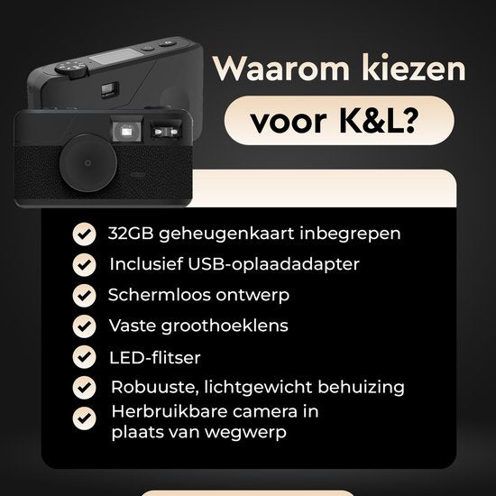 K&L Digitalkamera - Bildschirmlos - Wiederaufladbar - 16.000 Fotos - Fotokamera - Vintage - Inklusive 32GB - Langlebig - Schwarz