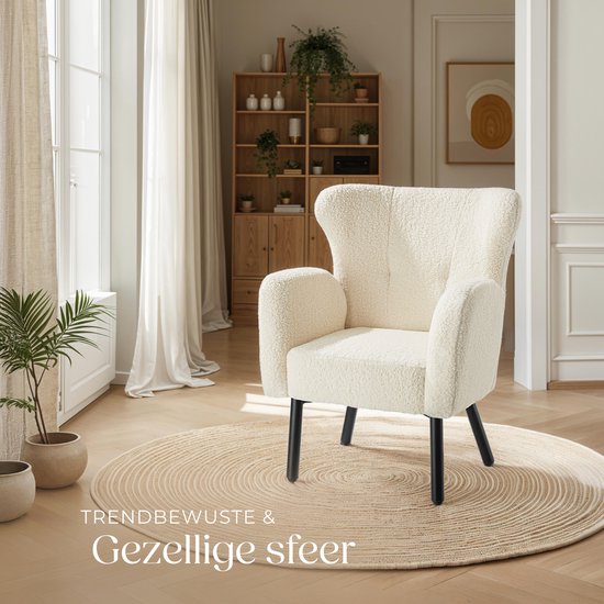 tectake - Sessel Vänersborg - Dick gepolsterter Relaxsessel mit Bouclé-Polsterung - Sessel mit breiten Armlehnen und ergonomischer Rückenlehne - Höhenverstellbare Beine mit Bodenschutz - Beige/Creme