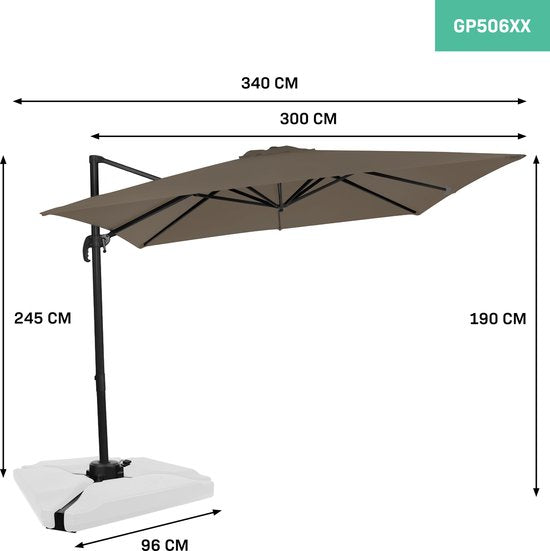 VONROC Premium Floating Parasol Pisogne 300x300cm - Inkl. Kreuzfuß & Schutzhülle - Quadratischer Sonnenschirm - 360° drehbar - Neigbar - UV-beständiges Tuch - Taupe