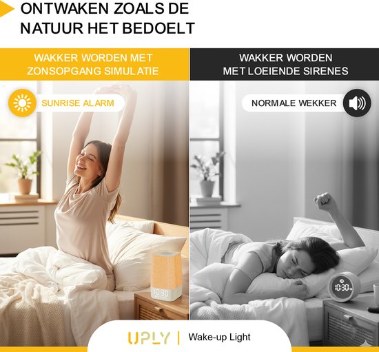 UPLY Wake up light - Mit USB-Ladestation - Mit 30 Tönen - Wecker mit Licht - Weißes Rauschen - Digitaler Wecker