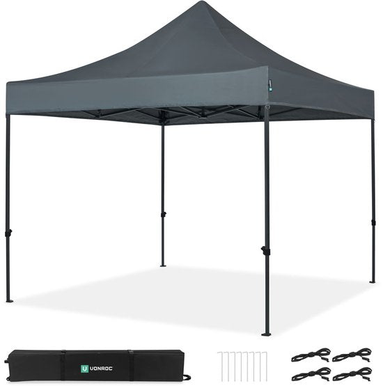 VONROC Partyzelt - 3x3 m - Premium easy-up Partyzelt - Modulares Design - Faltbar - Wasserdicht - Stahlrahmen - 50+ UV Schutz - Inklusive Aufbewahrungstasche - Grau