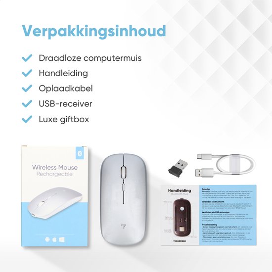 Trendfield Wireless Mouse - Wiederaufladbar - Bluetooth - Ergonomisch - Mit Silent Click - Für alle Laptops - Silber