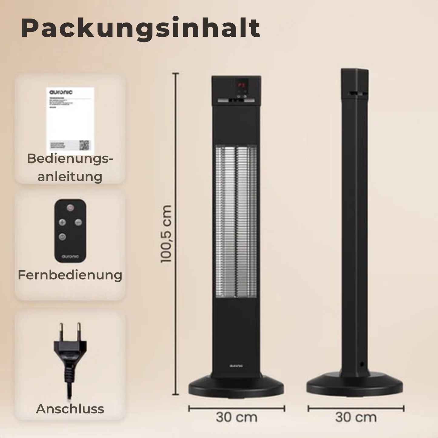 Auronic Terrassenstrahler - Infrarotheizung - Stehend - 20m2 - Elektrisch - 2000W - Fernbedienung - 3 Stufen - Schwarz