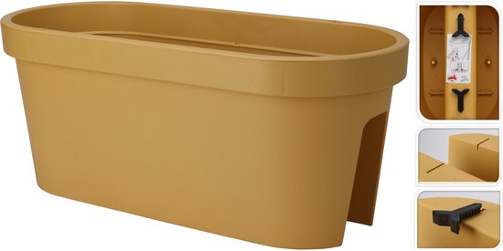 Pro Garden Balkon-Pflanzkübel/Blumentopf – ockergelb – 60 x 25 cm – oval – Kunststoff – Geländer/Zaun/Hängekübel