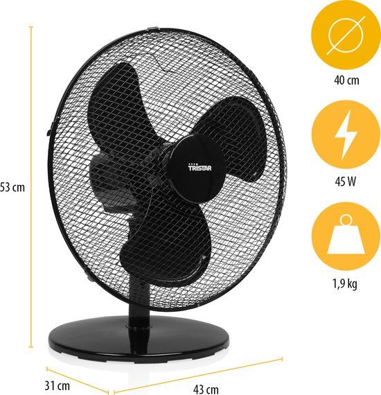 Tischventilator 40 cm - 3 Geschwindigkeiten - 85° Oszillation - Einstellbarer Luftstrom - Tristar VE-5728 - Schwarz