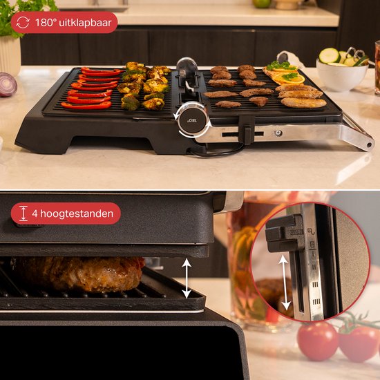 AoraKitchen Kontaktgrill - 180º ausklappbar - Grillgerät mit abnehmbaren Platten - 7 Ständer - Sandwich- und Panini-Eisen - 2000W