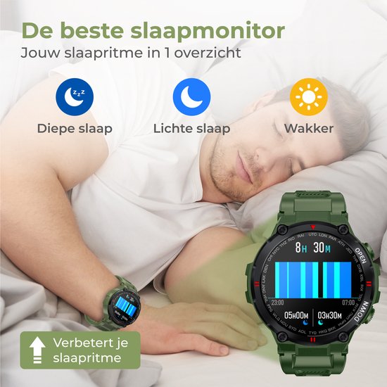 Nuvance - Outdoor Smartwatch - IP67 Wasserdicht - Bluetooth Smartwatch für Frauen und Männer - Smartwatches - Sportuhr mit Schrittzähler, Kalorienzähler, Schlafmesser - Geeignet für alle Smartphones - Grün