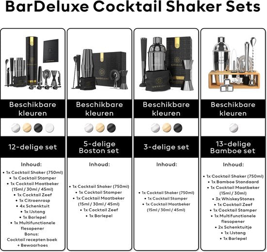 BarDeluxe® Cocktail Set - 12-teilig - Cocktail Shaker 750 ml - Edelstahl - Inklusive luxuriöser Geschenkbox - Aufbewahrungstasche & Rezeptbuch - Schwarz