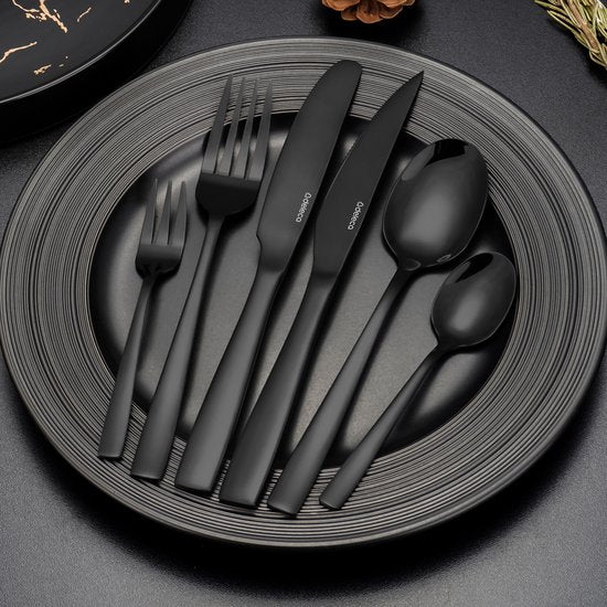 Deleca 8 Personen Besteck-Set Essential (48 Teile) - Löffel, Messer, Gabeln, Steakmesser & Kuchengabeln - Spülmaschinenfestes Besteck - Glänzend Schwarz / Edelstahl