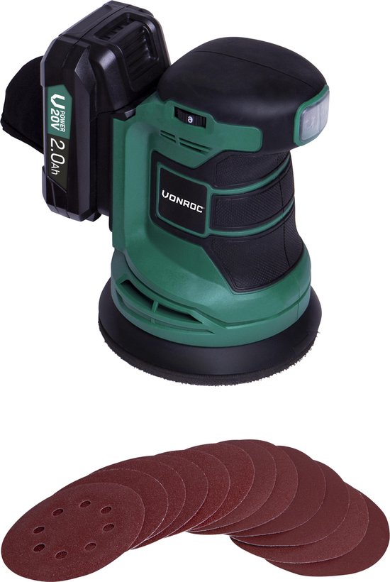 VONROC Exzenterschleifer - VPower 20V - Inkl. 2.0Ah Akku & Ladegerät - Ø125mm - Mit Staubbeutel & 12 Stück Schleifpapier