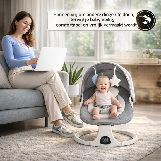 Oemmie Elektrischer Schaukelstuhl - Babyschaukel - Schaukelstuhl Baby - Babywippe - Inklusive Bluetooth-Funktion und Fernbedienung - 5 Schaukelpositionen - Grau