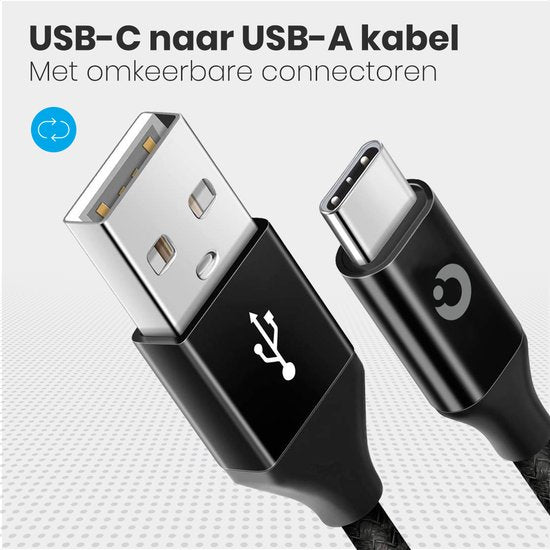 Auronic USB-C Kabel - 2M - 2.4A - USB C zu USB-A - Geflochtenes Nylon - Schwarz