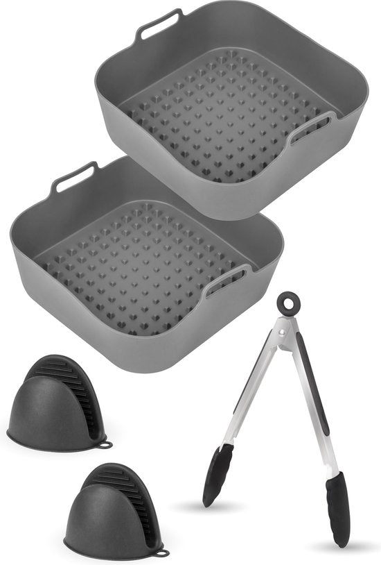 AoraKitchen Airfryer Tabletts Silikon - 20cm - 5 Stück - Airfryer Zubehör - inkl. Handschuhe & Zange