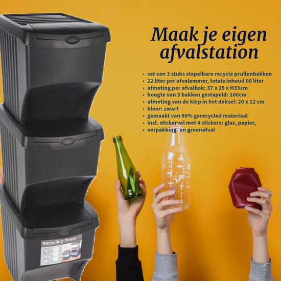 Abfalltrennbehälter - stapelbar - Kunststoff - 3 x 22 Liter