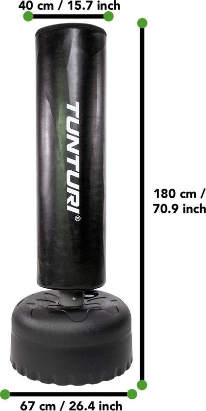 Tunturi Standing Boxing Bag - Freistehende Boxstange - Leicht beweglich - 180 cm hoch - Mit Sand, Kies oder Wasser befüllbarer Boden - Inkl. Fitness-App - Schwarz