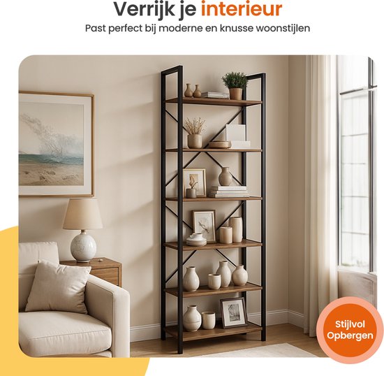 Goliving Bücherregal - 66 x 30 x 186 cm - 6 Lagen - Aufbewahrungsschrank - Wandschrank - Bücherregal - Ausstellungsschrank - Regalschrank - Wohnzimmerschrank - Industriell - Braun/Schwarz