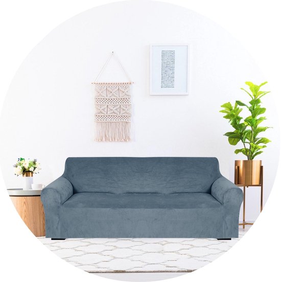 Hilvard - Sofabezug 3-Sitzer Sofas - (185 - 230 cm) - Steinblau - Samt - Stretch - Sofaschoner - Möbelbezug - Gegen Beschädigungen und Flecken - Sitzbezug - Sitzbezug
