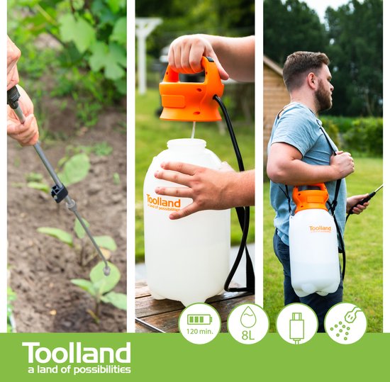 Toolland Drucksprüher, elektrisch, Akku, Teleskoplanze, verstellbarer Sprühkopf, Schultergurt, 8 Liter, weiß/orange/schwarz