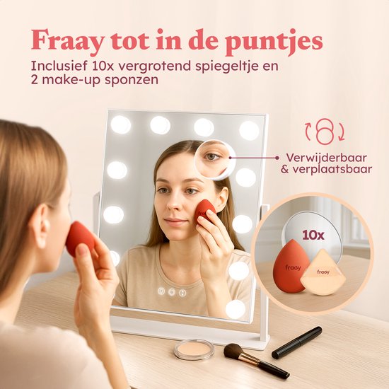Fraay® Hollywood Spiegel mit Beleuchtung 41x30cm - 3 Lichtstufen - Schminkspiegel mit 10-facher Vergrößerung - LED-Beleuchtung dimmbar - inkl. Beauty Blender und Puderquaste