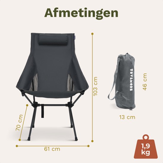 TRVLMORE Campingstuhl - faltbar - 120KG Tragkraft - Inkl. Tragetasche - Klappstuhl - Angelstuhl - Campingstuhl - Klappstuhl - Grau