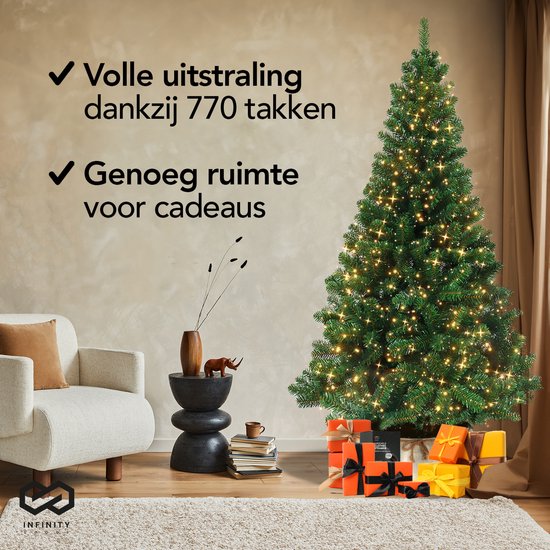 Infinity Goods Künstlicher Weihnachtsbaum mit LED-Lichtern - 210 cm - Realistischer Weihnachtsbaum aus Kunststoff - Metallständer - Grün