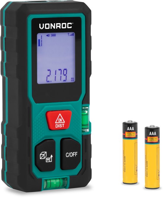 VONROC Laser-Entfernungsmesser – 50 Meter Reichweite – Sehr kompakte Bauweise – Misst Entfernung, Fläche, Volumen, nach dem Satz des Pythagoras – Inkl. praktischer Rechenfunktionen – Inkl. Batterien