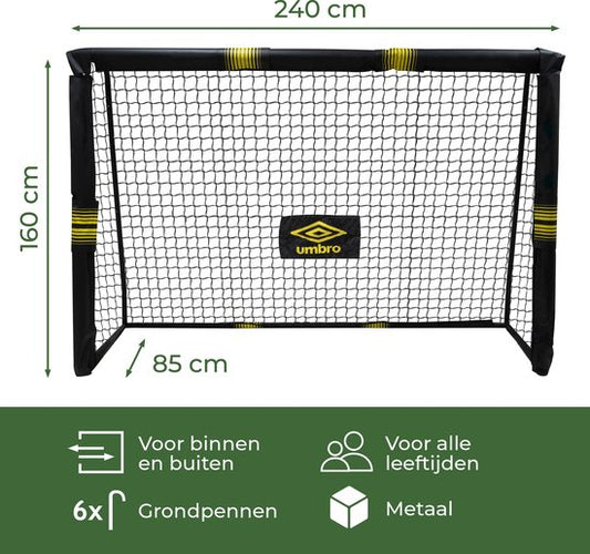 Umbro Fußballtor - Fußballtor 240 x 160 x 85 cm - Fußballtor groß - Outdoor-Spielzeug für Kinder und Erwachsene - schneller Aufbau - Fußball-Trainingstor - Metall - Schwarz/Gelb
