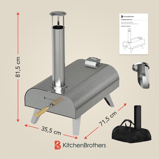 KitchenBrothers Pizzaofen - Holzbefeuert - Tischplatte - mit Schutzhülle - klappbar - Pizzastein - bis 460°C - Edelstahl - Komplettset - Pizzaofen für draußen - Edelstahl