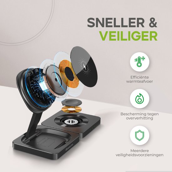 iSetchi 3-in-1 Power Base - kabelloses Ladegerät 15 W - faltbar & leicht - Qi-Ladestation - inkl. Kabel - kompatibel mit Smartphone, Smartwatch & Kopfhörern