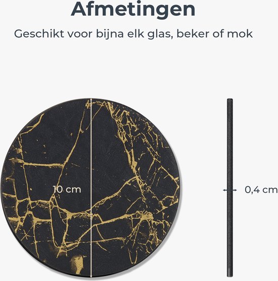 Castagnola Kunstleder-Untersetzer - Untersetzer für Gläser - Design-Untersetzer mit Halterung - Leder-Untersetzer-Set - Leder - Set mit 16 Stück - Marmor-Look - Schwarz/Gold