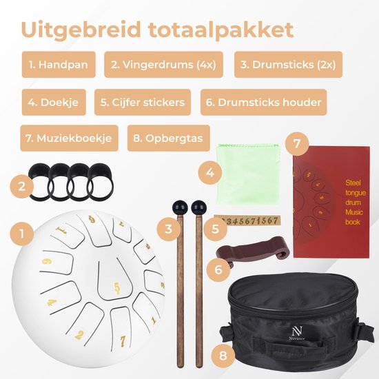Nuvance - Handpan - Inkl. Lehrbuch, Fingertrommeln und Aufbewahrungstasche - Zungentrommel - Handpan-Trommel - Stahlzungentrommel - Weiß