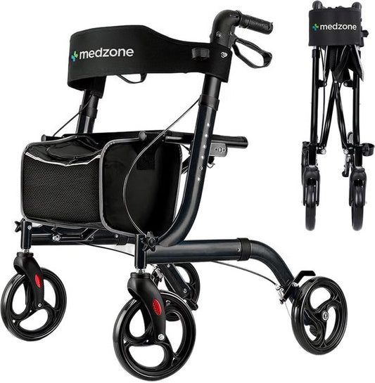 Medzone Rollator leicht und faltbar - für drinnen und draußen - Sitzfunktion - Rückenlehne und Gehstockhalterung - Schwarz